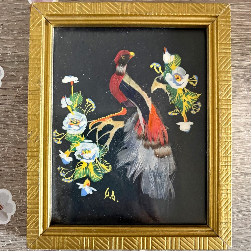 VTG 1940's Feather Bird Paintings Signed Glen F. Bastion American Folk Art Set 3 - Picture 2 of 7